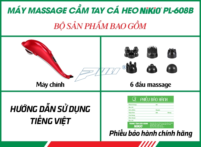 Bộ sản phẩm của máy massage cầm tay cá heo Nikio PL-608B